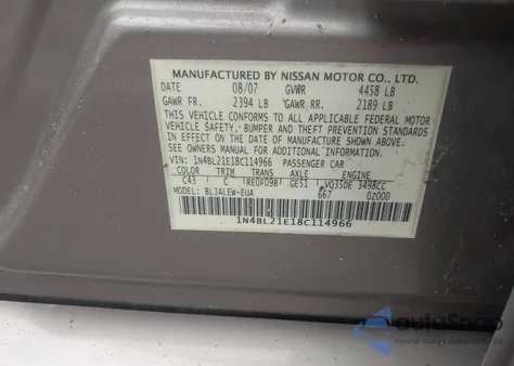 2008 Nissan Altima 3.5 Sl z USA, uszkodzony, nr VIN 1N4BL21E18C114966